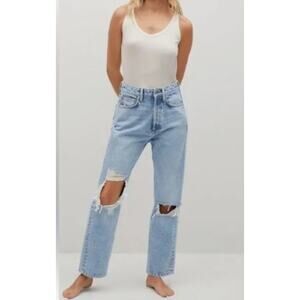 Mango MNG Jeans Womens 4 Blue Denim Selina Distressed Straight Leg High Rise